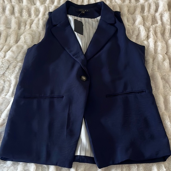 Navy blue sleeveless blazer vest M textured silky satin feel Tulléa NEW - Picture 1 of 8